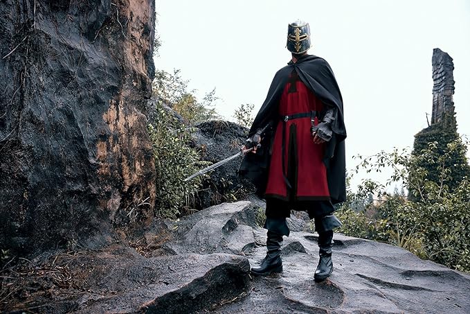 Ryannology Mens Crusader Costume Medieval Templar Renaissance Knight Warrior Tunic Retro Halloween Cosplay Top with Cross
