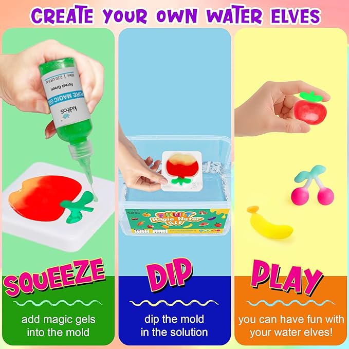 Kiditos Fruit Magic Water Elf Toy Kit,Aqua Fairy Water Gel Kit-20 Magic Gel&10 Molds-Make Your Own Water Elves&Squishy Toys–Fun Summer DIY Craft Kit,Birthday Gifts&Party Favors for Kids Ages 3+