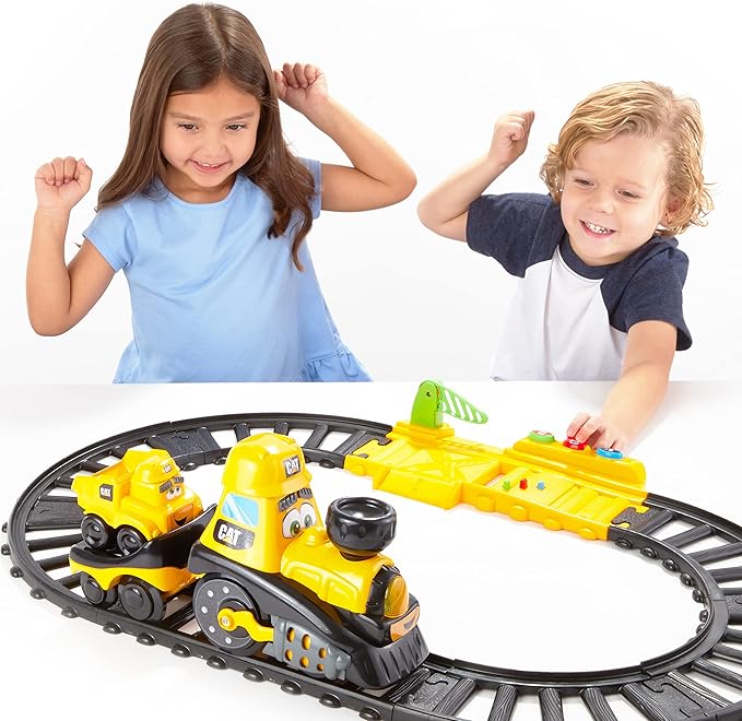 CAT Construction Toys, Power Track Friends Preschool Train Set, 8 Pieces of Easy-to-Assemble Track, Light & Sounds, Motorized Train & Car Carrier, Develops Fine Motor Skills