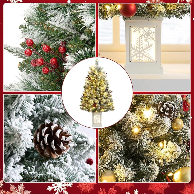 3 Ft Pre-Lit Christmas Tree, Frosted Artificial Christmas Tree with 78 Led Lights,8-Mode Battery Box,Timer Battery,Red Berry,Christmas Decoration for Home, Office,Fireside,Easy Installation