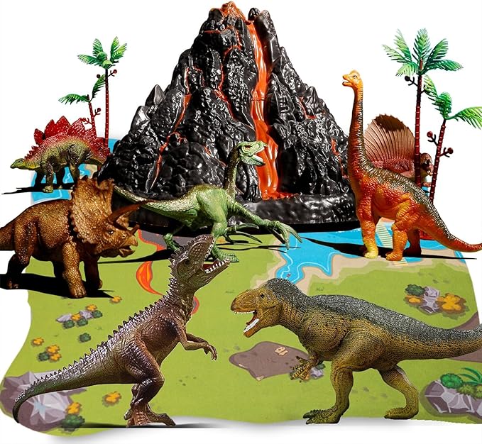 Dinosaur Toys with Simulation Volcano for Kids 3-5 Years, Toddlers Dinosaur Figures and Large Play Mat for Boys and Girls, Gifts for Preschool Toddlers (Size 63x63 in)
