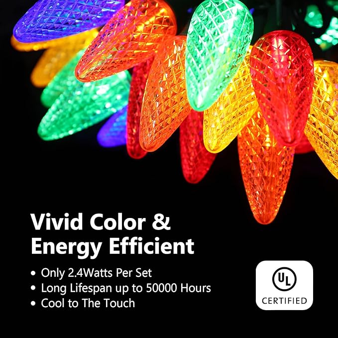 2-Set C9 LED Christmas String Lights, 33.3ft 50 LED Waterproof Decorative Light Strand, Extendable Green Wire String Lights for House, Christmas Tree, Patio, Party Decoration, Multicolor