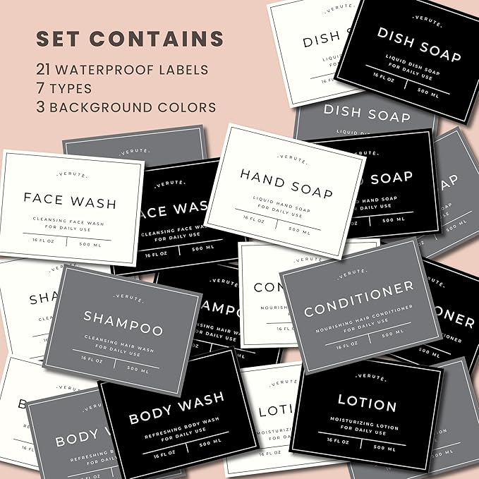 16oz Glass Soap Dispenser with Stainless Steel Pump, 21 Waterproof Labels, Non-Slip Protective Silicone Pad, Set of 2 for Bathroom & Kitchen (Gloss Black Bottle/Brushed Silver Pump)