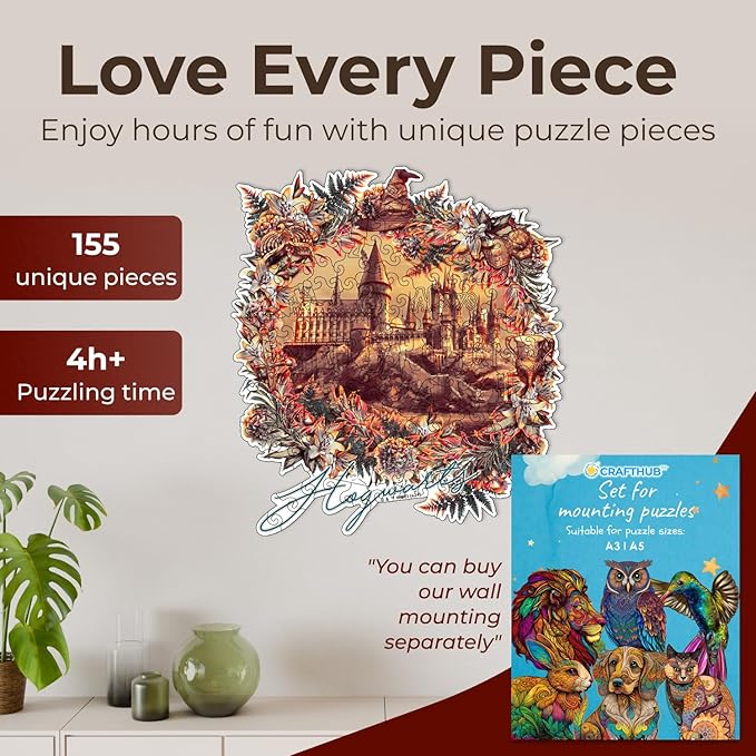 CRAFTHUB Harry Potter Puzzle – A3 Hogwarts Castle – Wooden Jigsaw Puzzles for Adults – 155 Unique Shaped Pieces – Officially Licensed Merchandise – 10.8" x 11.9"