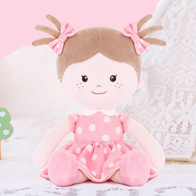Onetoo Plush Rag Doll Sleeping Cuddle Buddy Doll Soft Baby Doll First Baby Doll Wear Coral Polka Dot Dress 14"（Milly Series）