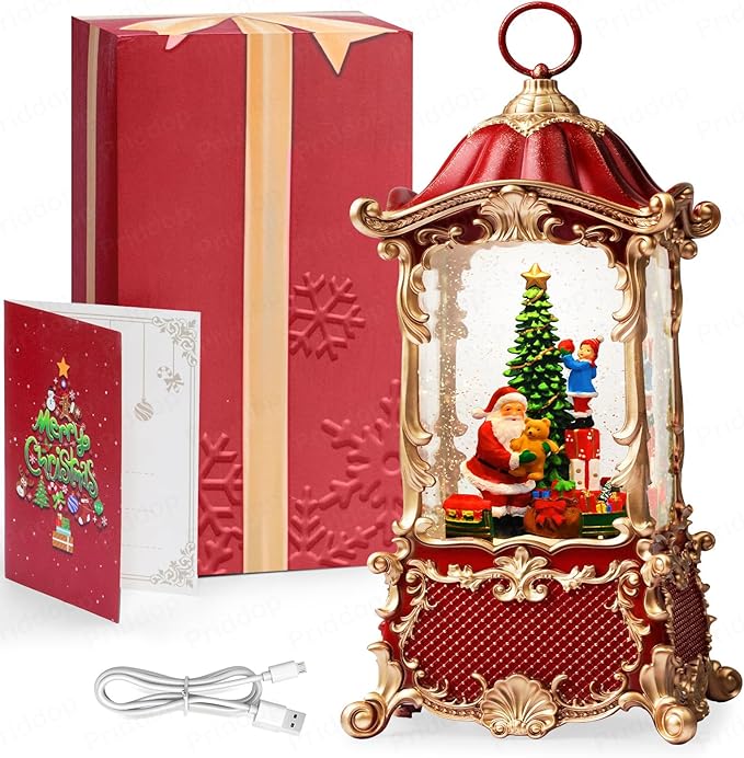 Santa Snow Globe Christmas Decorations Indoor Christmas Tree Gifts for Child Classic Relief Texture Musical Glitter Snowfall USB/Battery Timer Lantern 12.5 inch