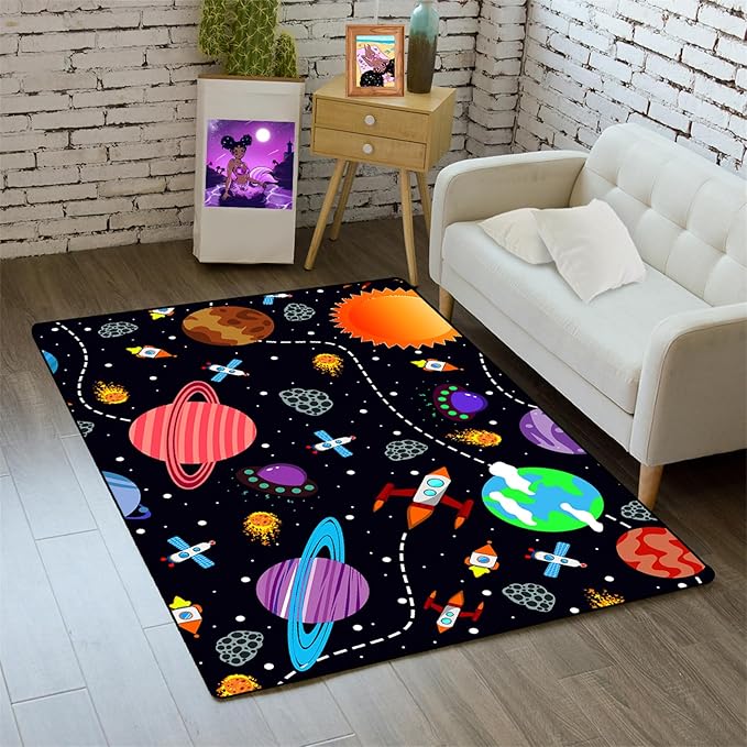 Outer Space Rug for Boys - 2'×3' Galaxy Carpet for Boys Room Cute Cartoon Universe Planet Area Rug Satellite Rockets Kids Baby Polyester Crystal Floor Mat Kids Play Carpet for Children Bedroom
