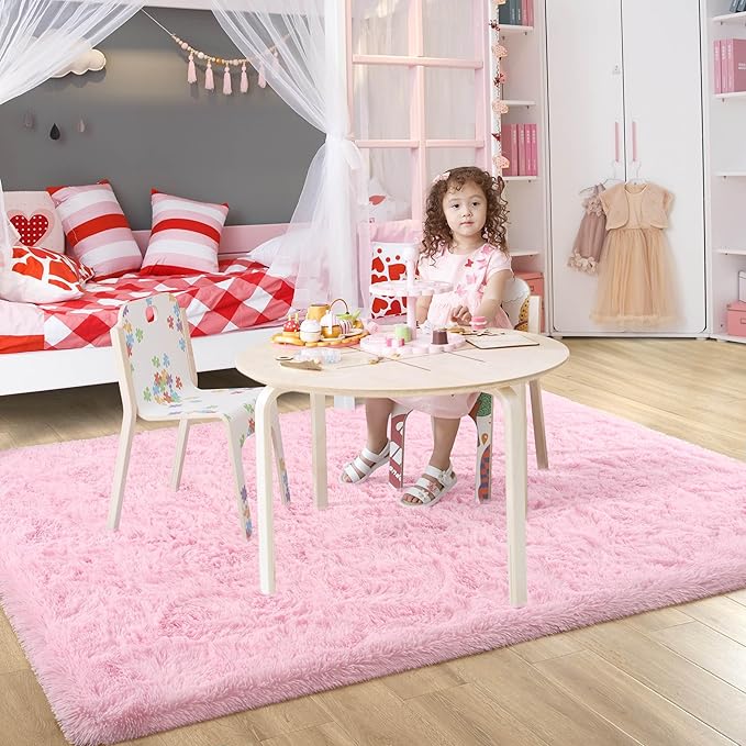 6x9 Pink Fluffy Rug for Girls Bedroom Soft Carpet, Large Cute Pink Fuzzy Shag Furry Area Rugs for Classroom Living Room Nursery Dorm Baby Kids Room Home Decor, Modern Indoor Non Slip Rug