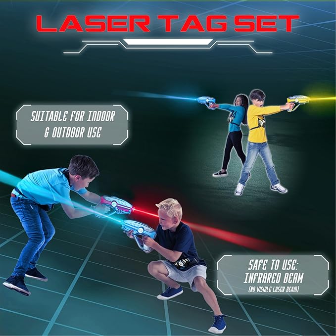Laser Tag Set for Kids, Teens & Adults - 4 Blasters + 4 Vest Sensors with 4 Multi-Game Modes - Fun Ideas Age 8+ Year Old Toys - Includes Accessories - Boys & Girls Outdoor Teenage Group Activities
