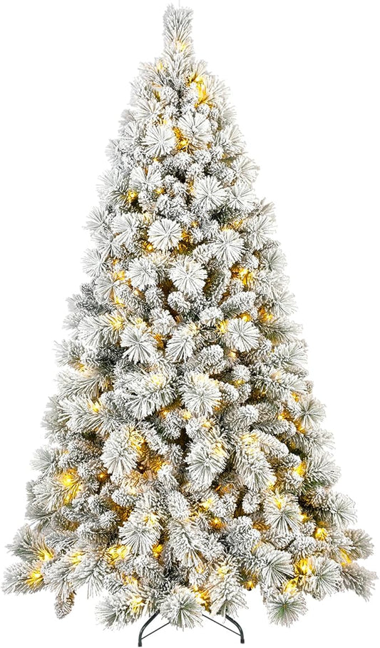 6 FT Pre-Lit Snow Flocked Slim Fir Christmas Tree with 935 PE & PVC Mixed Branch Tips,Artificial Skinny Pencil Xmas Tree with 600 Warm-White Lights & 31 Pine Cones,Hinged Pine Tree with Metal Stand