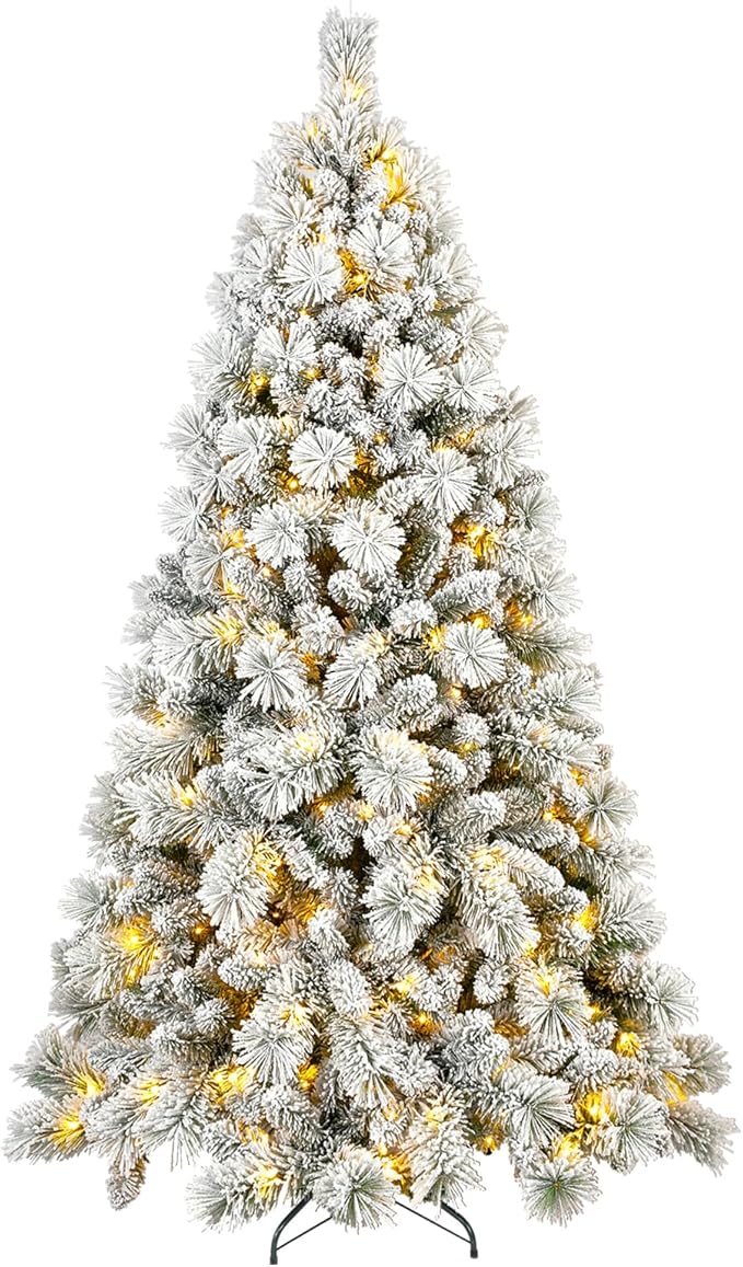7.5 FT Pre-Lit Snow Flocked Slim Fir Christmas Tree with 1424 PE & PVC Mixed Branch Tips,Artificial Skinny Pencil Xmas Tree with 900 Warm-White Lights & 40 Pine Cones,Hinged Pine Tree with Metal Stand