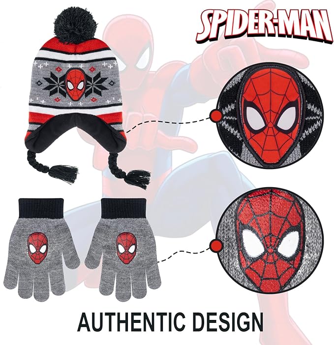 Marvel Spider-Man Kid’s Winter Hat and Snow Gloves for Boys and Toddlers, 2 Pc. Set, Pom-Pom Beanie with Warm Mittens
