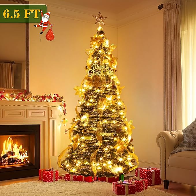 6.5Ft Prelit Fully Decorated Pop Up Christmas Tree with Lights Timer, Dual Color Change 1 Minute Christmas Tree, 220 Warm White&Colored Lights 8 Mode, 74 Ornaments Pull Up Collapsible Xmas Tree Decor