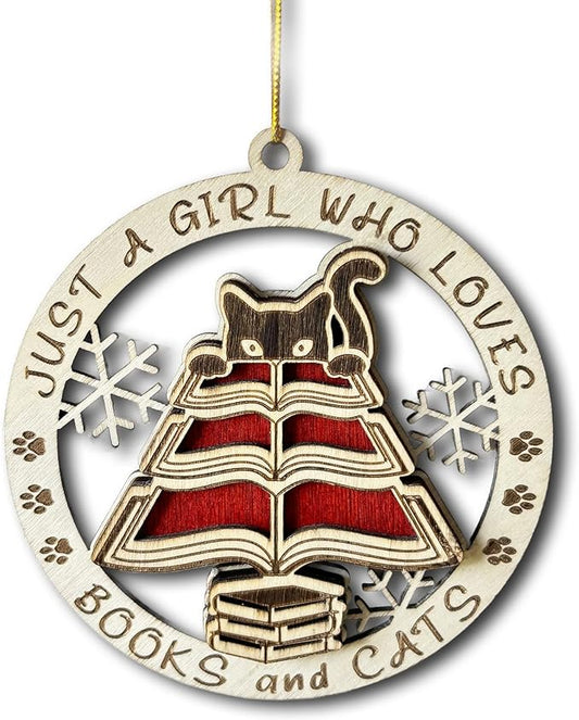A Girl Loves Books and Cats Ornament – Cute Wooden Christmas Ornament for Cat Lovers, Readers, and Book Enthusiasts – Perfect or Keepsake