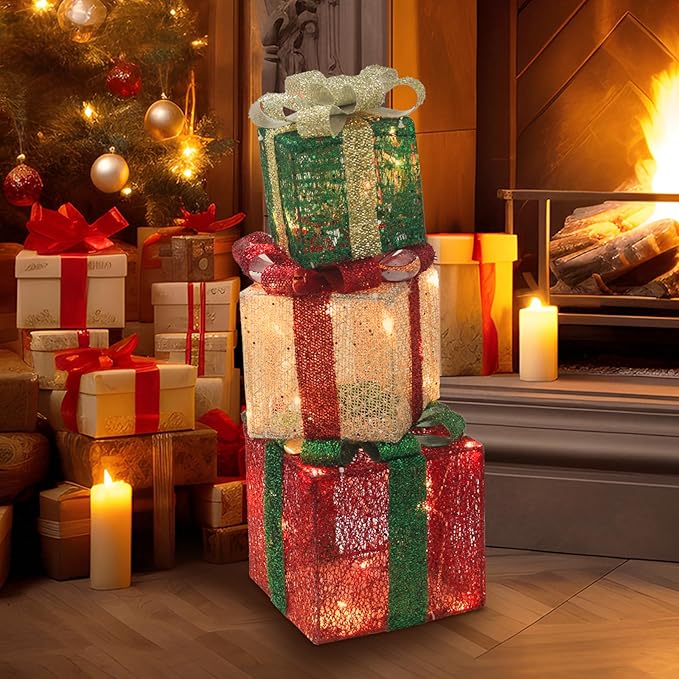Christmas Light Gift Box Decorations, 3-Piece Set, Pre-Strung Wired Gifts with Bows, Illuminate Christmas Tree Skirt Decorations. Suitable for Indoor and Outdoor Use.