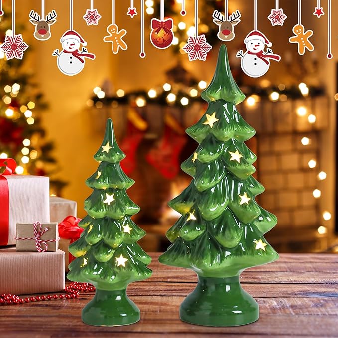 Taman Ceramic Christmas Tree, 2 Pack Tabletop Light Up Decoration with Warm Lights for Christmas Holiday Indoor Decorations