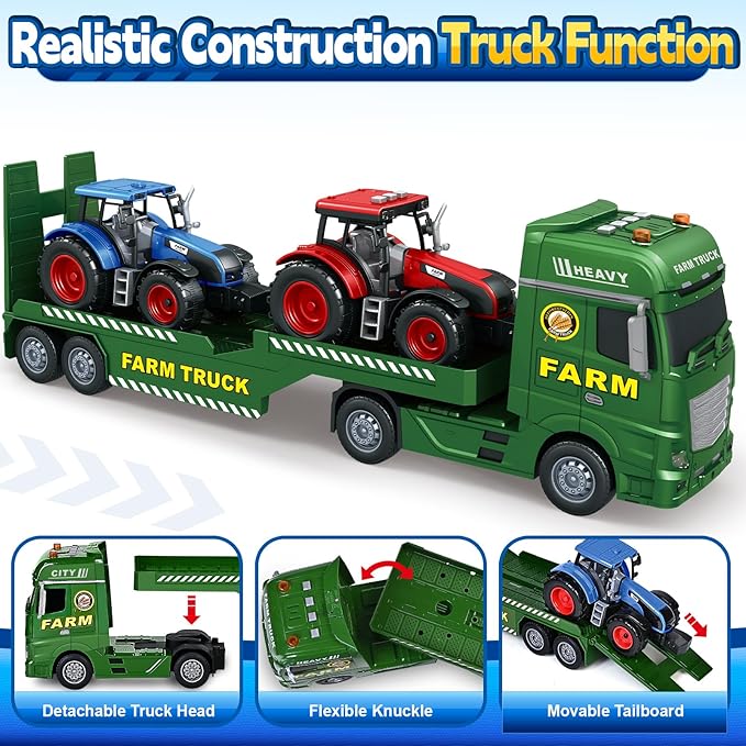 Toddler Boy Toys for 3 4 5 6 7 Years Kids, 25" Semi Flatbed Truck Toy with 2 Tractors, Friction Powered Vehicles Toys with Lights and Sounds, Birthday for Boy Girls