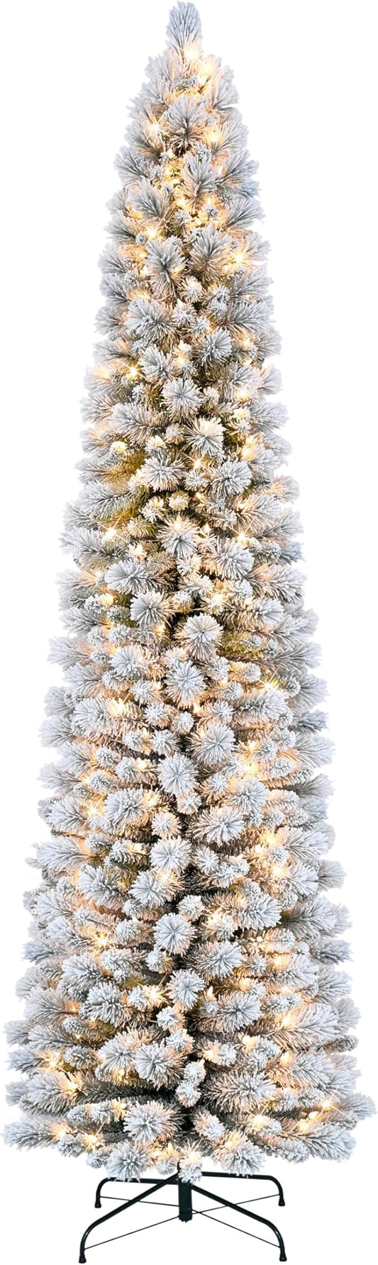 Puleo International 7.5ft Flocked Portland Pine Pencil Christmas Tree with 350 Clear Lights, 496 Realistic Dense Branch Tips, Easy Setup Artificial Trees with Sturdy Metal Stand