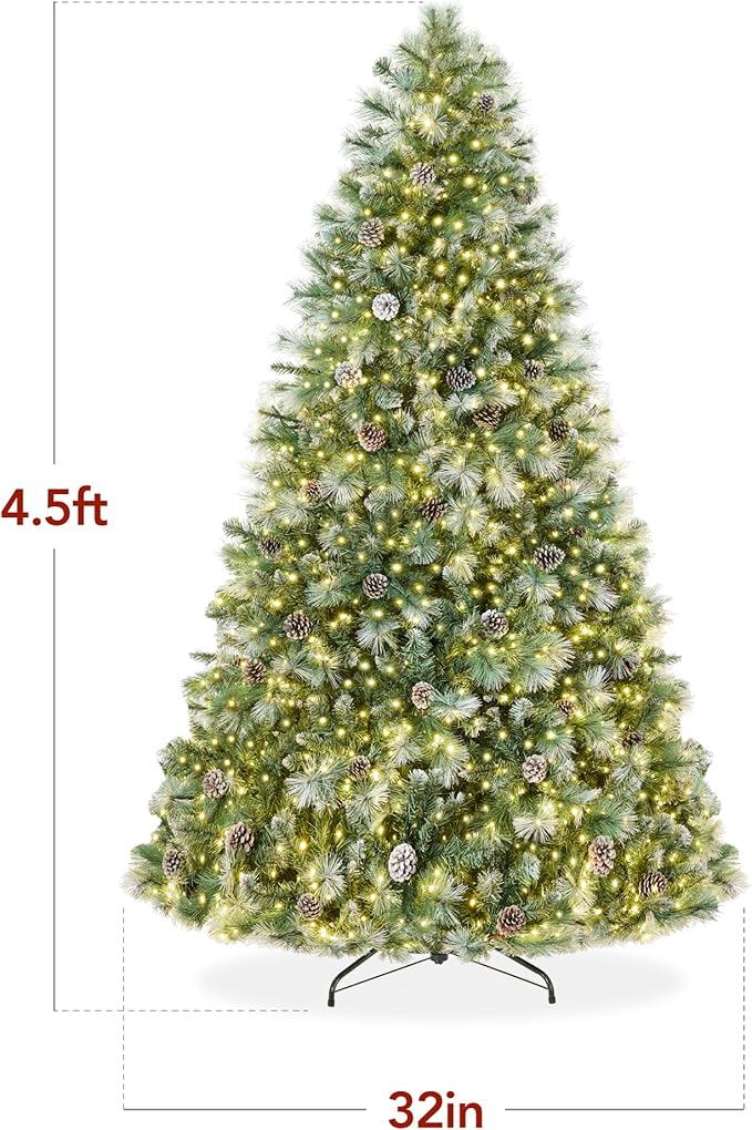 Best Choice Products 4.5ft Pre-Lit Scotch Pine Christmas Tree, Premium Frosted Pre-Decorated Artificial Holiday Decor w/ 396 Branch Tips, 2-in-1 White and Multicolor LED Lights, Cordless Setup
