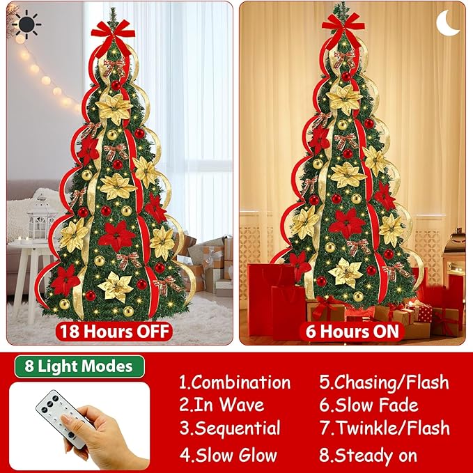 [ 8 Modes & Timer ] 6 Ft Prelit Full Pop Up Christmas Tree with 200 Warm White LED Lights, Ornaments, Red & Gold Ribbon, Bows, Plug in Collapsible Christmas Trees Outdoor Indoor Christmas Decor