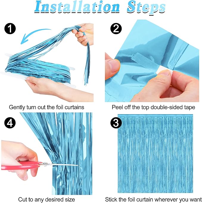 4 Pack Party Decorations, 3.28 FT x 7.05 FT Blue Foil Streamers, Metallic Sky Blue Backdrop Fringe Curtains Bithday Back Drop, Winter Backdrop for Party Supplies Door Decor Hanging