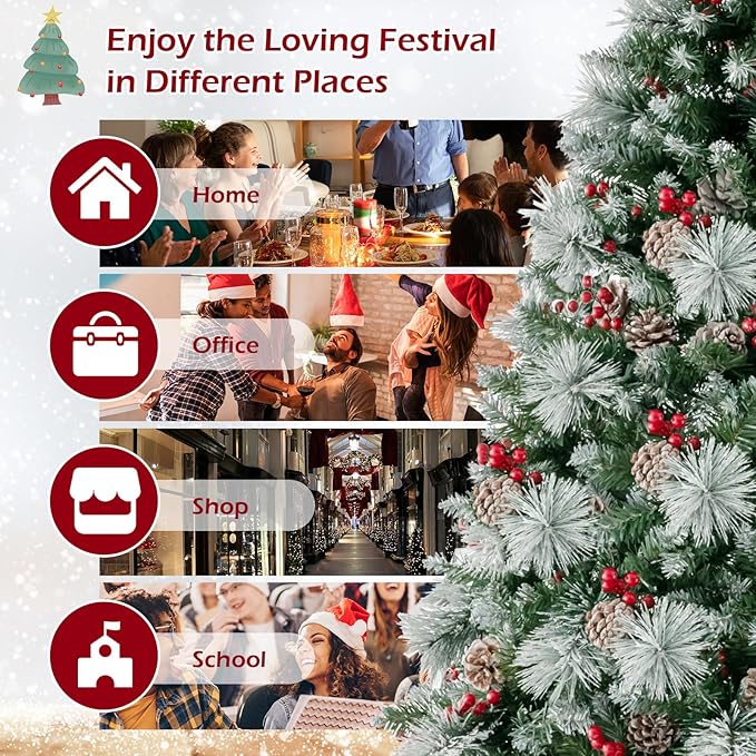 GOFLAME 6FT Pre-Lit Christmas Tree with Pine Needles, Hinged Artificial Xmas Tree with 747 Branch Tips, 350 LED Lights, 55 Pine Cones & 55 Red Berries, Holiday Decoration Tree with 11 Lighting Modes