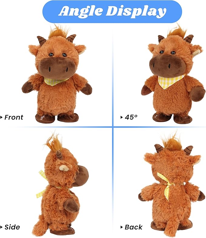 Hopearl Talking Highland Cow with Yellow Bib Repeats What You Say Walking Electric Interactive Animated Toy Speaking Plush Buddy Gifts for Toddlers, Brown, 9''