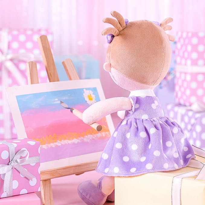Onetoo Plush Rag Doll First Baby Doll Soft Baby Doll Sleeping Cuddle Buddy Doll for Girls Wear Purple Polka Dot Dress 14"（Milly Series）