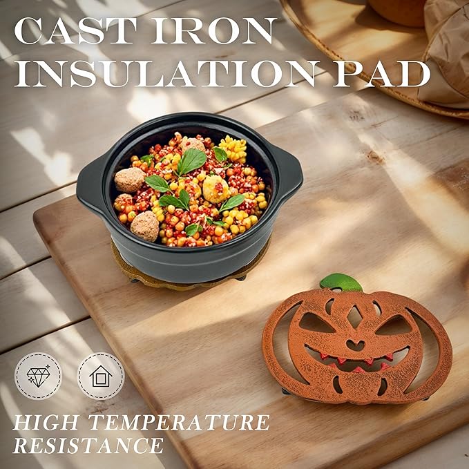 2-Pack Cast Iron Jabbering Jack Trivets for Hot Dishes - Heat Resistant Trivet for Hot Pots & Pans, Festive Pumpkin Trivets & Pumpkin Kitchen Decor (Christmas Themed)