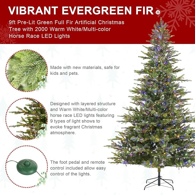 Glitzhome Artificial Christmas Tree, 9ft Vibrant Evergreen Fir Christmas Trees Prelit with 2000 Warm White/Multi-Color Horse Race LED Lights, 9 Function w/Foot Pedal and Remote Control,Easy Assembly