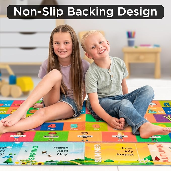 ABC Rug - Educational Rug for Kids, Classroom & Playroom, Durable & Washable, 33 sq ft, Red, Letter Print, Rectangular, Non Slip, Parent (6.5 FT X 5 FT)