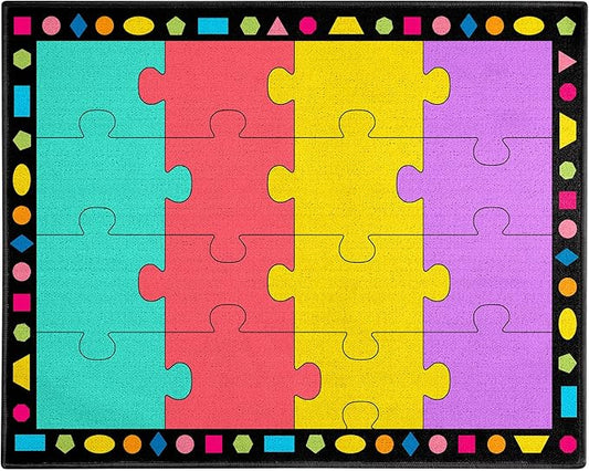Booooom Jackson Classroom Rug Elementary 16 Seats Classroom Carpet 6.5 x 8.5 ft Preschool Rugs Colorful Puzzle Seating Rug with Non-Slip Backing for School (PzLaB-2620)