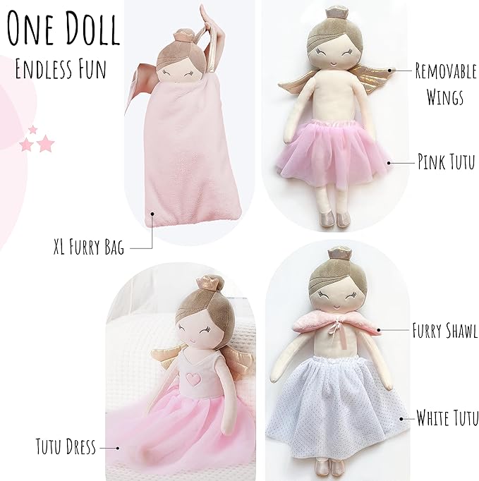 Perfectto Design Ballerina Princess Doll Stuffed Animal for Girls Toy Set - Bag, Tutu, Wings Play for 3 4 5 Year Old Girl Gift for Little Girl, Birthday, Christmas Age 3-9