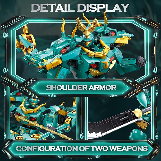 Mech Building Set, Green Dragon Samurai Ninja Action Figure for Adults, Collectible Robot Gift for Kids Ages 8+, Compatible with Lego Mech Set, 704 PCS