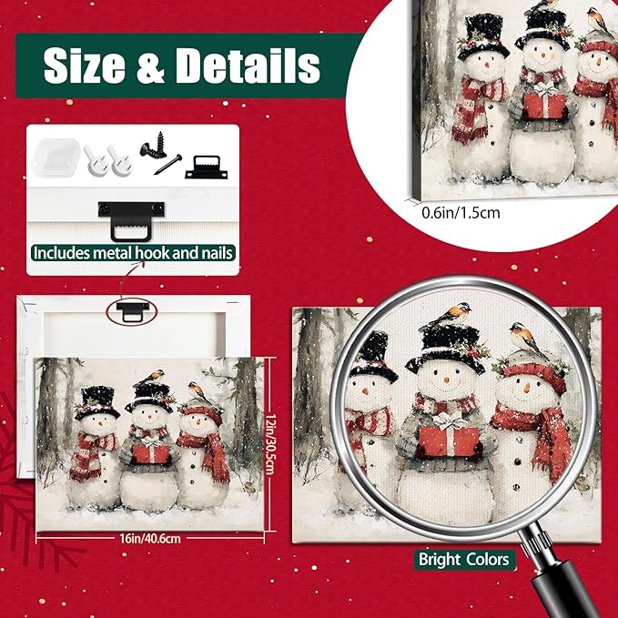 AbcCustomize Vintage Christmas Canvas Wall Art - Rustic Snowman Family Canvas Prints for Living Room Bedroom Home, Festive Winter Decor with Wooden Frame, Ideal Christmas Gifts & Holiday Decorations