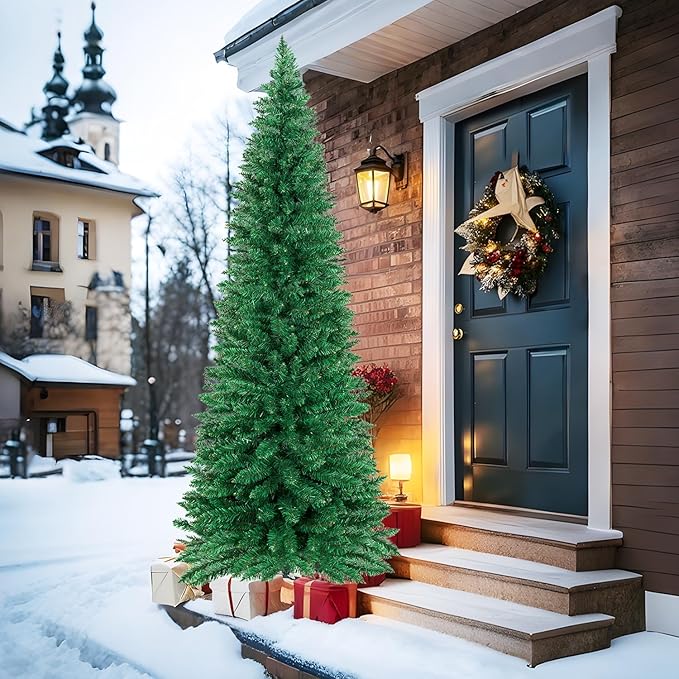 8FT Christmas Tree,Artificial Pencil Christmas Tree with 700 Branch Tips,Xmas Tree with Solid Metal Foldable Stand Perfect for Indoor&Outdoor,Christmas Decoration for Party by DNKMOR