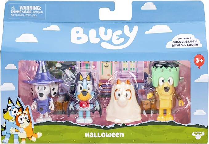 Bluey Halloween Figure 4-Pack - 2.5" Poseable Figures of Bluey, Bingo, Chloe & Lucky in Costumes With Accessories - Kids Can Recreate Favorite Moments From TV Show