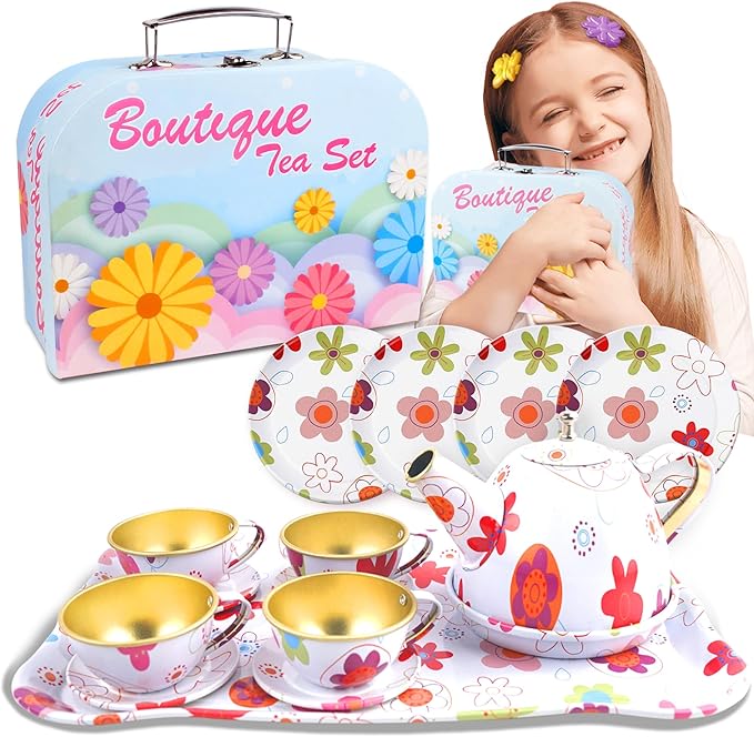 SMILESSKIDDO 15pcs Tea Party Set for Little Girls - Princess Tea Party Sets,Kids Kitchen Pretend Play Toys - Toddler Tea Party Sets for Girl 3-5, Girls Tea Party Set Gift for 3 4 5 6 7 8 Girl (White)