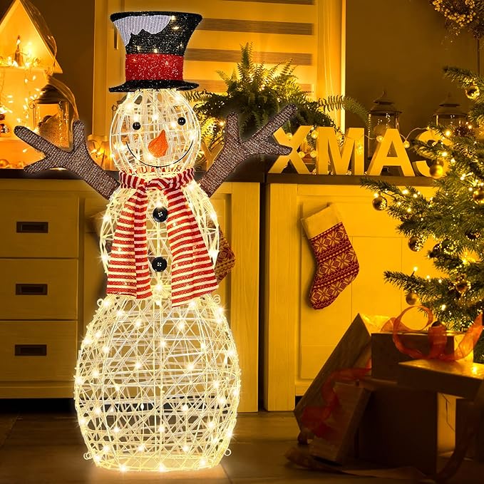 Tangkula Christmas Outdoor Lighted Snowman Yard Xmas Decorations with Pre-Lit 80 LED Lights Artificial Christmas Décor with Ground Stakes and Zip Ties Indoor/Outdoor Holiday Decoration