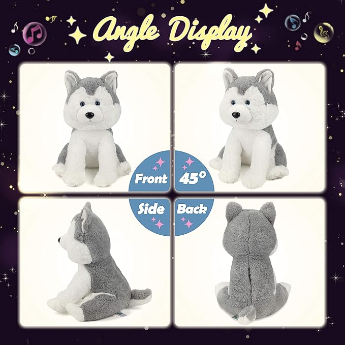 Hopearl LED Musical Stuffed Husky Lighting Up Singing Plush Dog Adjustable Volume Lullaby Animated Soothe Birthday Festival for Kids Toddler Girls, Gray, 12''