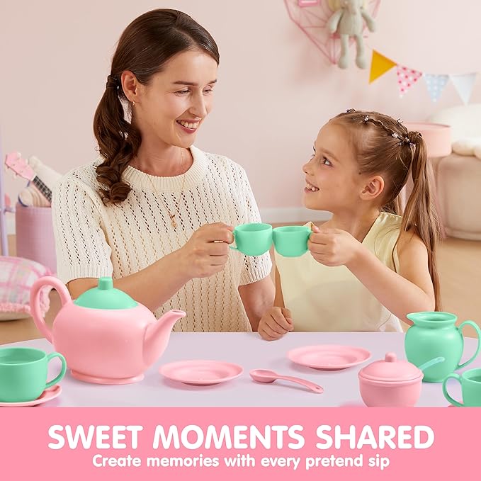JOYIN 18PCS Pretend Tea Party Set, Plastic Tea Set, Mini Kitchen for Kids, Gifts for Toddler Boys Girls Ages 3 4 5 6 Years Old