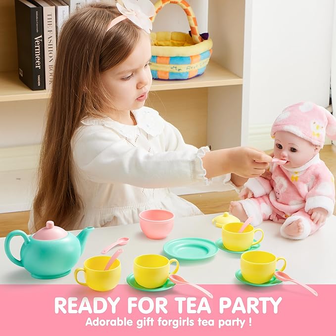 JOYIN 18PCS Pretend Tea Party Set Play Food Accessories BPA Free, Phthalates Free, Plastic Tea Set, Mini Kitchen for Kids, Gifts for Toddler Boys Girls, Gift for Christmas