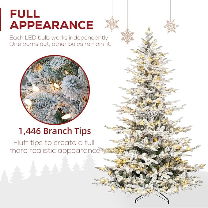 Hykolity 7.5ft Prelit Snow Flocked Aspen Fir Christmas Tree with 450 Clear LED Lights, Realistic 1173 PE PVC Branch Tips, Foldable Metal Stand and Premium Hinged Branches