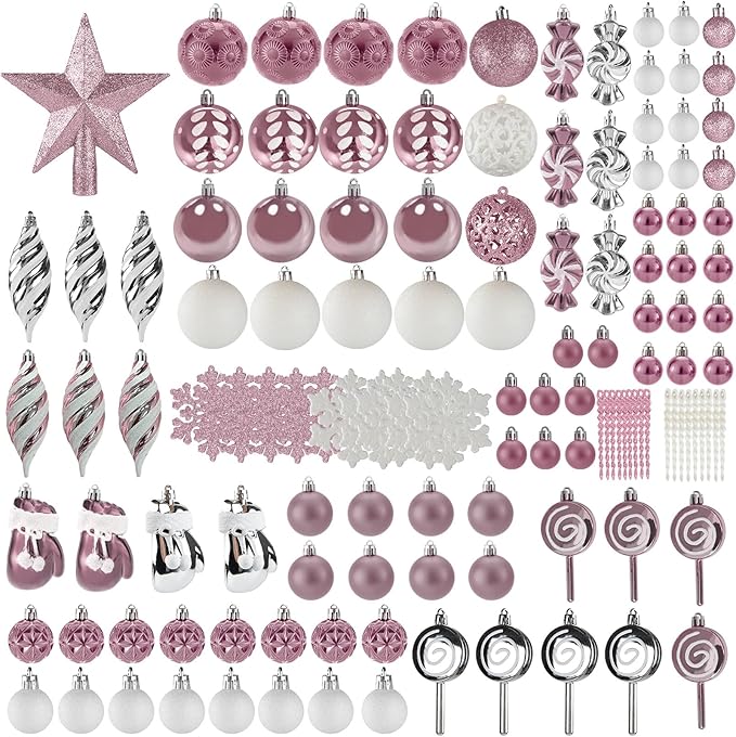 Shatterproof Christmas Ball Ornaments Set, 130 Pack Christmas Tree Decorations, Assorted Hanging Christmas Balls Bulk for Holiday Indoor Outdoor Xmas Party Decor (130 Pink)