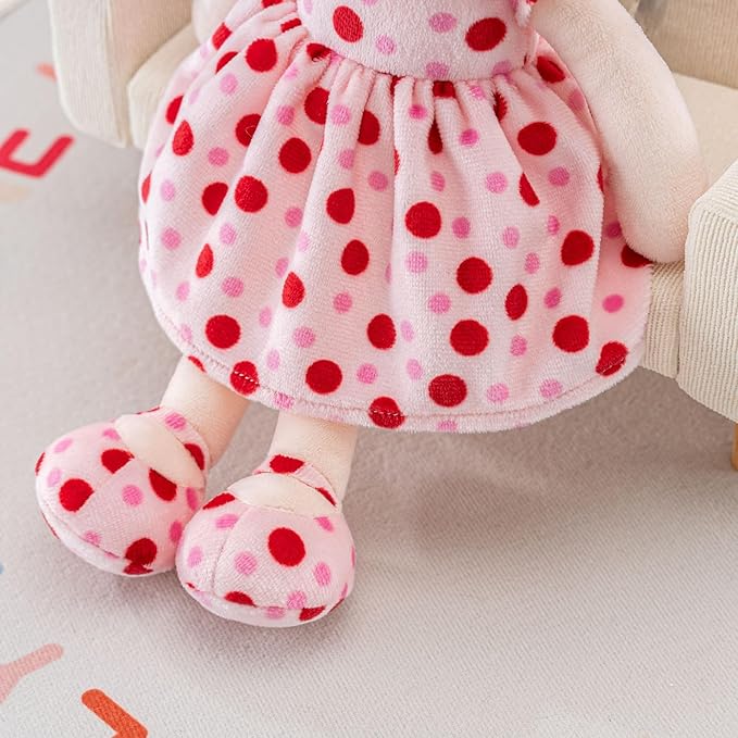 Onetoo First Baby Doll Soft Baby Doll for Girls Plush Rag Doll Sleeping Cuddle Buddy Doll Wear Pink Dress Red Polka Dot 14"