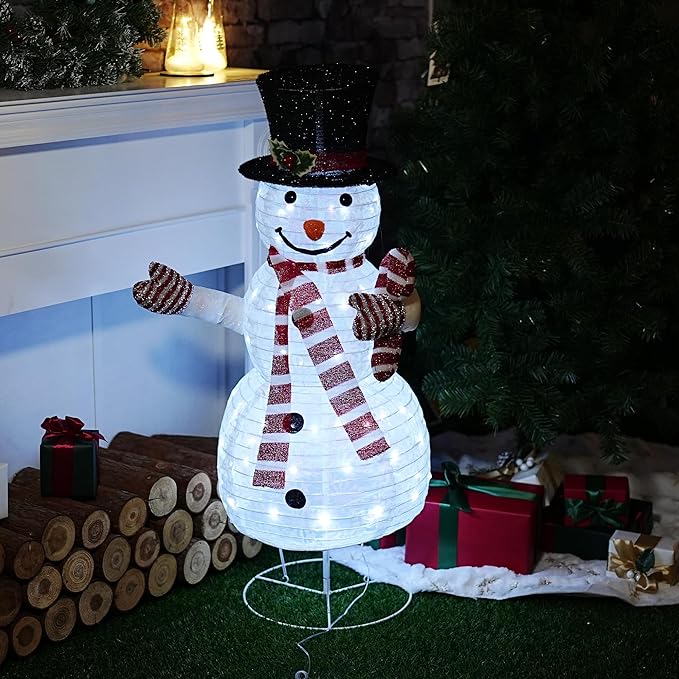 Dazzle Bright Christmas Snowman Decorations, 3.5 FT Pre-Lit 70 LED Pop-Up Snowman, Collapsible Lighted Snowman with Metal Stand for Indoor Outdoor Garden Yard Home Party Xmas Decor