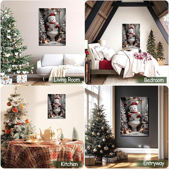AbcCustomize Funny Snowman Christmas Canvas Wall Art, Snowman Reading on Toilet Canvas Prints, Quirky Bathroom Picture for Humorous Christmas Decorations, Holiday Gifts and Winter Decor