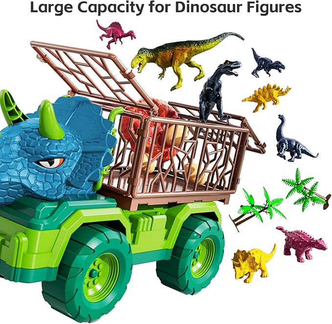 TEMI Dinosaur Truck Toy for Kids 3-5 Years, Triceratops Transport Car Carrier with 8 Dino Figures, Activity Play Mat, Dino Eggs and Trees, Capture Jurassic Dinosaurs Play Set for Boys and Girls