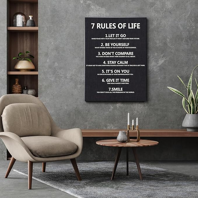 7 Rules of Life Motivational Wall Decor Inspirational Wall Art for Office & Home - Positive Quotes Canvas Prints Ready to Hang, Uplifting Wall Decor for Living Room, Bedroom or Office Wall Art