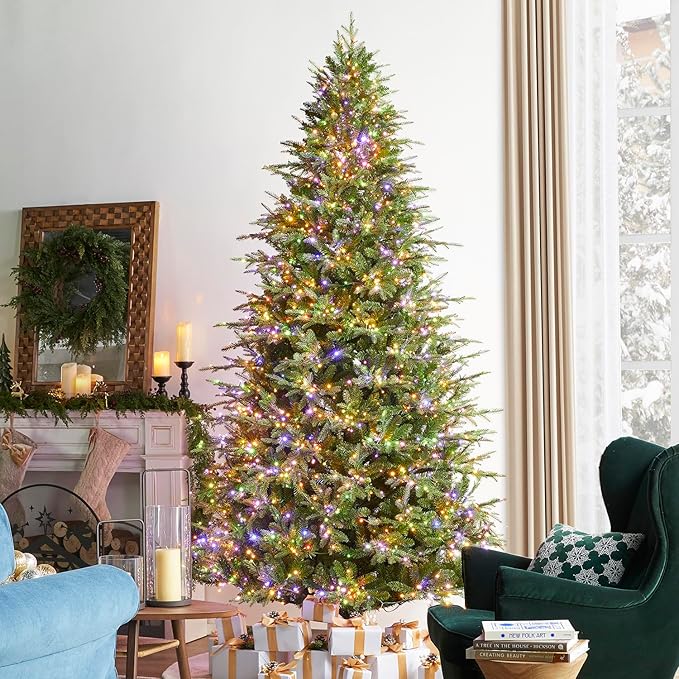 Glitzhome 9ft Prelit Artificial Christmas Tree, Green Full Christmas Tree Majestic Evergreen Fir with 2450 Warm White/Multi-Color Horse Race LED Lights, 9 Function w/Foot Pedal and Remote Control